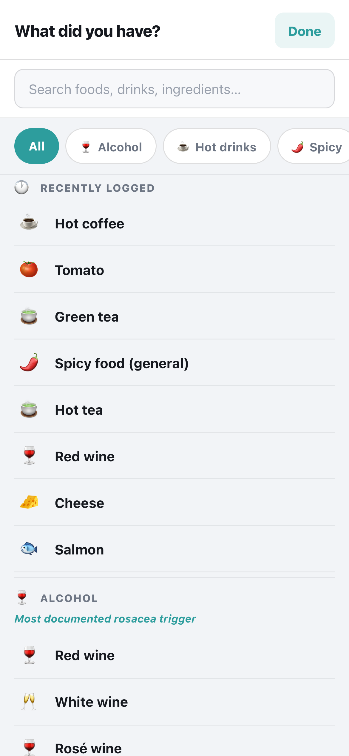 RosaceaWise food and drink picker screen