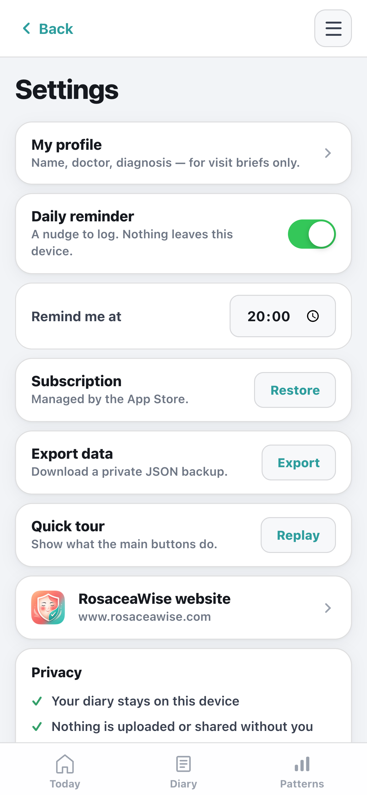 RosaceaWise settings and privacy screen