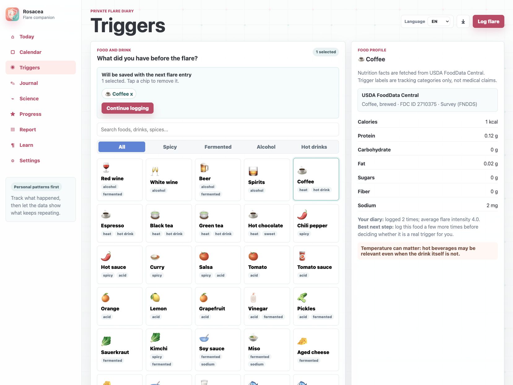 RosaceaWise trigger picker screen