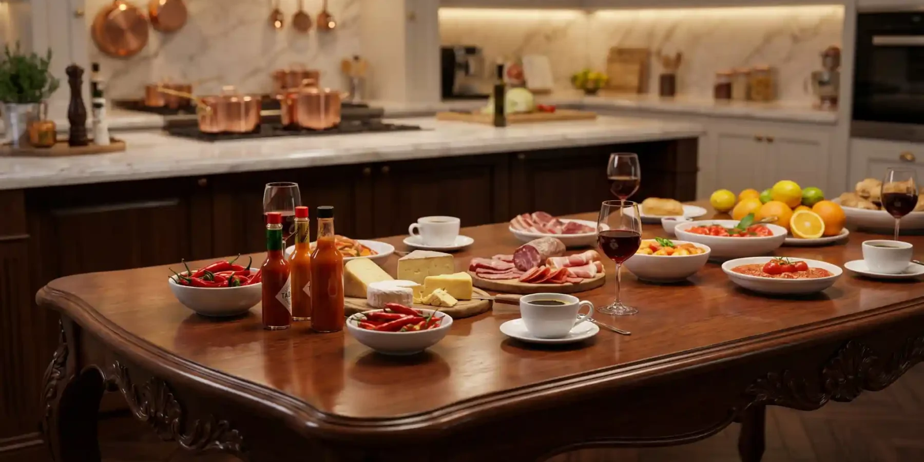 Luxury kitchen with a wooden table set with cheeses, cured meats, tomatoes, chili peppers, coffee, and glasses of red wine.