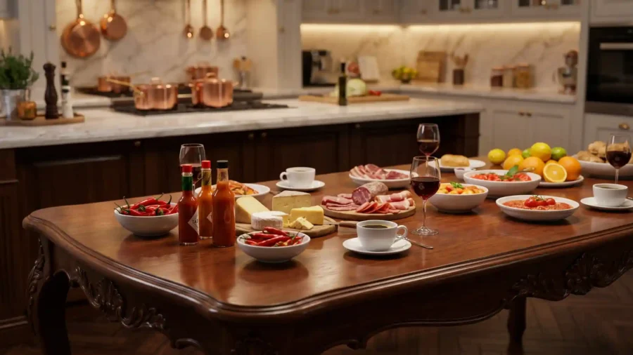 Luxury kitchen with a wooden table set with cheeses, cured meats, tomatoes, chili peppers, coffee, and glasses of red wine.